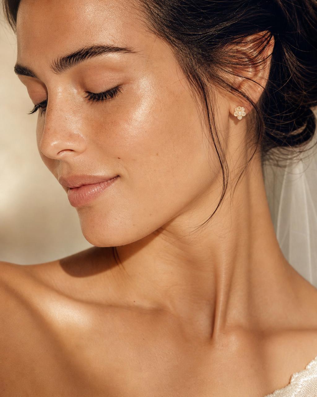 Nahaufnahme einer strahlenden, natürlichen Bridal-Haut im warmen Tageslicht